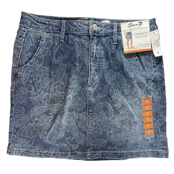 Seven 7 Womens Size 8 Weekend Blue Jean Denim Stretch Mini Skirt Paisley Pattern - Picture 1 of 11